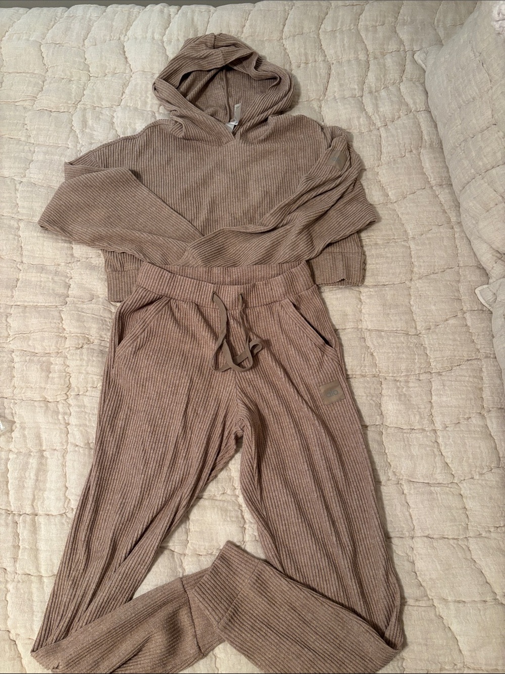 ALO Yoga Ribbed Hoodie & Jogger Set in Taupe Brown